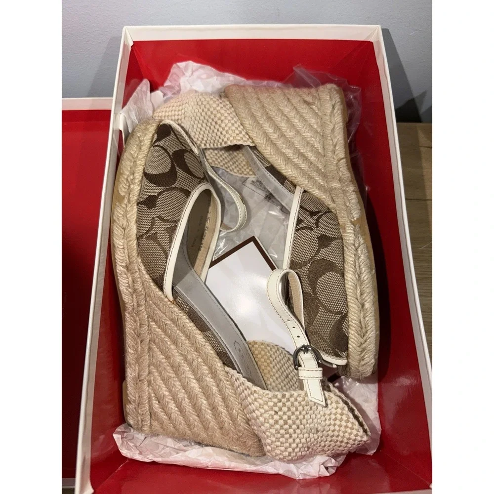 Coach Kimmy Wedge Sandals Khaki Gold Signature Size 8 Espadrille Straw Heels